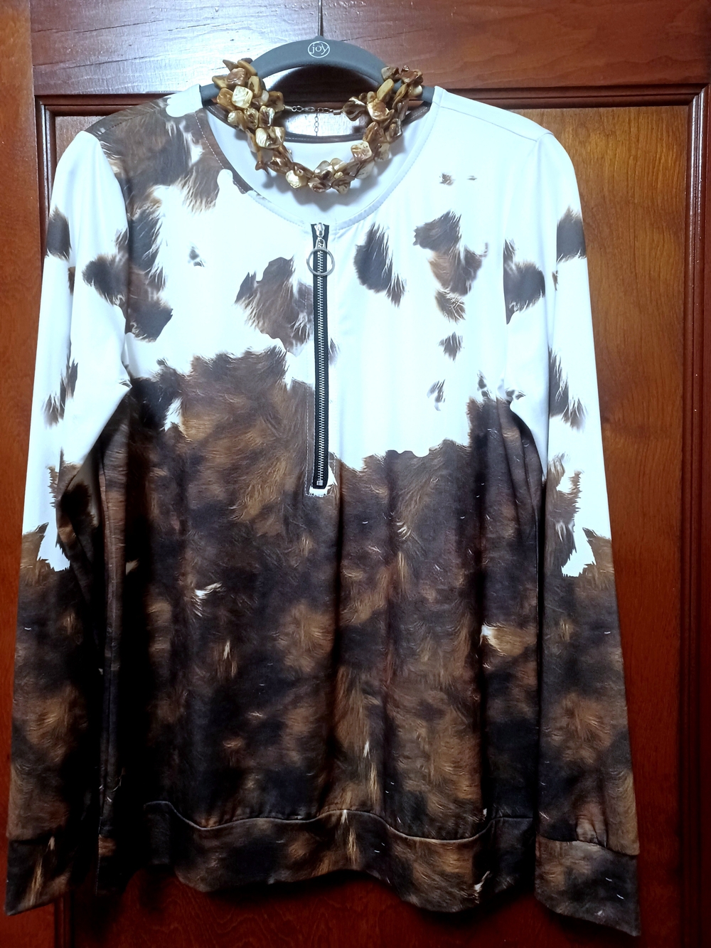 BROWN & WHITE COW-PRINT HALF-ZIP PULLOVER TOP-(NWOT)